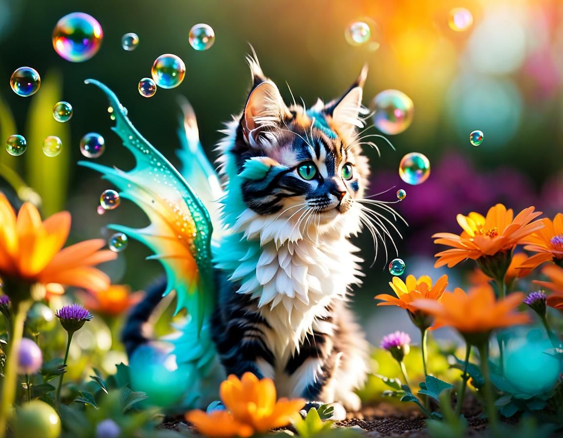 Whimsical Feline Dragon at Play in Vibrant Garden