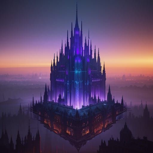 Dreamlike Cityscape in Vibrant Ombre Sky with Glowing Crysta...