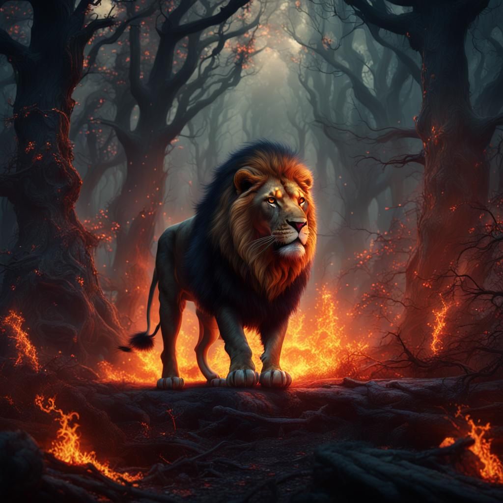 Lion in Blazing Inferno Illuminates Dark Fantasy Forest