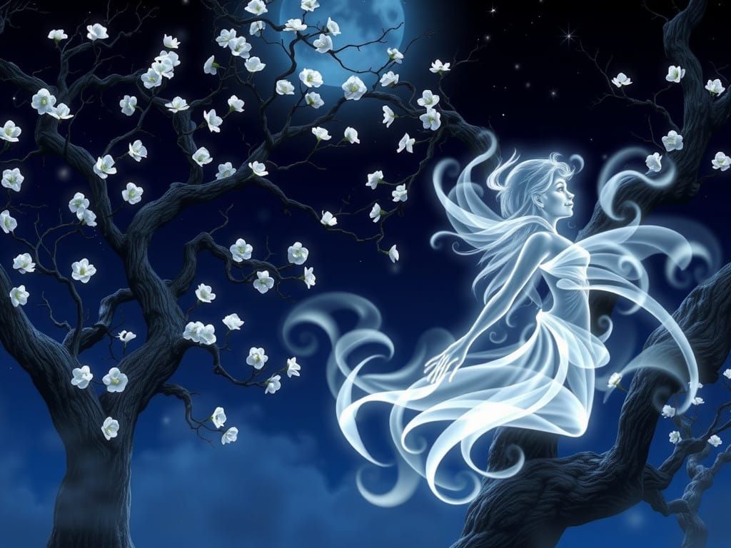 Moonlit Trees Adorned with Star-Shaped Jasmine Flowers and E...