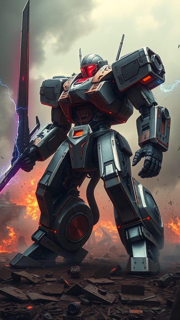 A gargantuan mechanical warrior stands at the forefront of a...