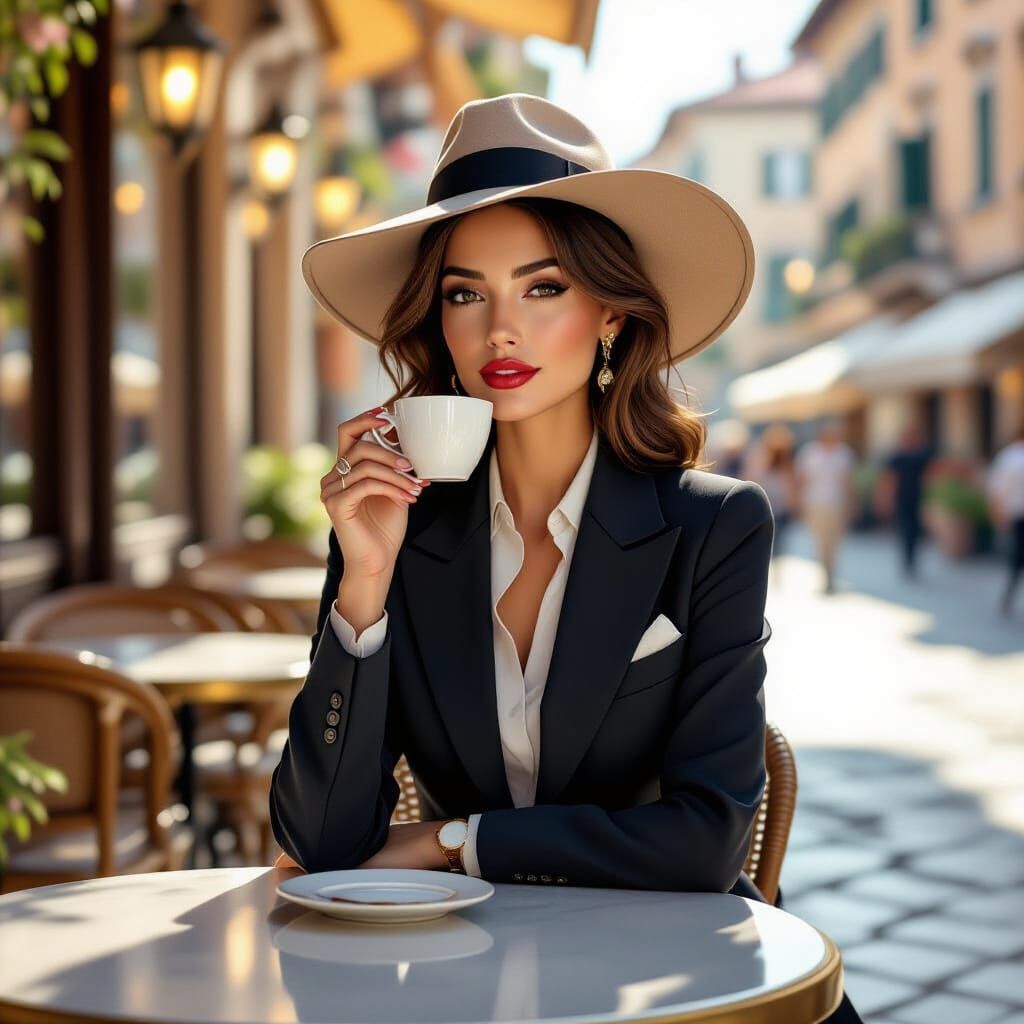 Chic Woman Enjoys Espresso at Italian Café