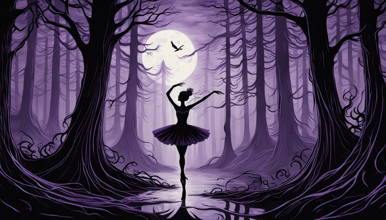 Dark Fantasy Ballerina Dances in Eerie Forest