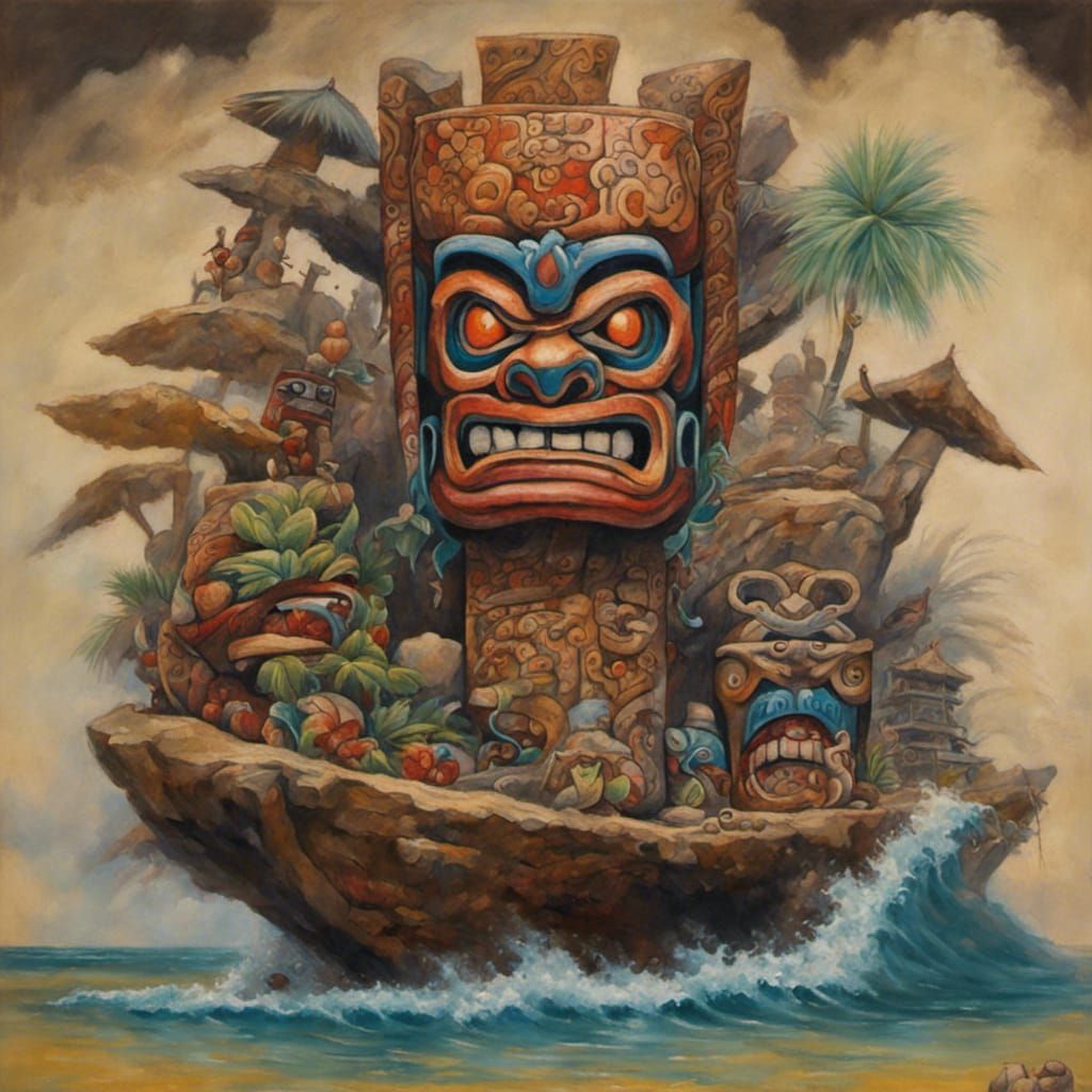Stereotypical Japanese Tiki in Traditional Oil Painting Styl...