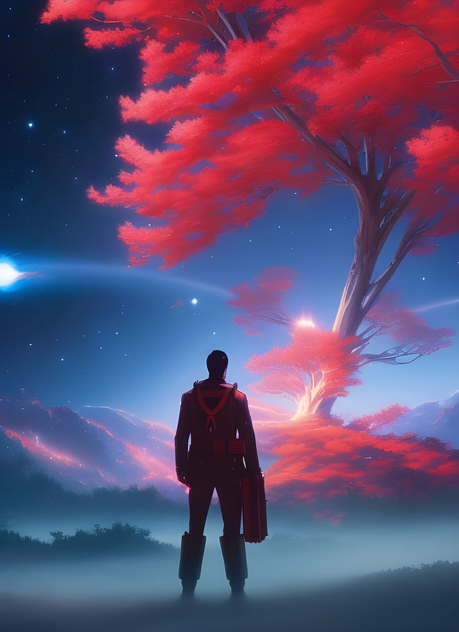 Surreal Cosmic Tree Blooms with Radiant Stars