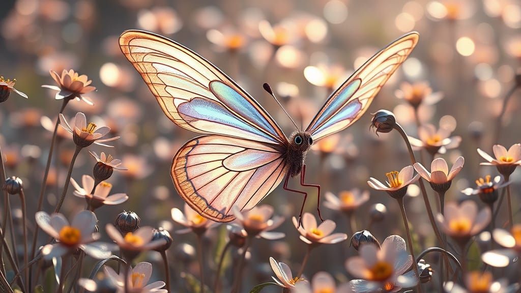 Butterfly in Metallic Meadow as 3D Anime Art