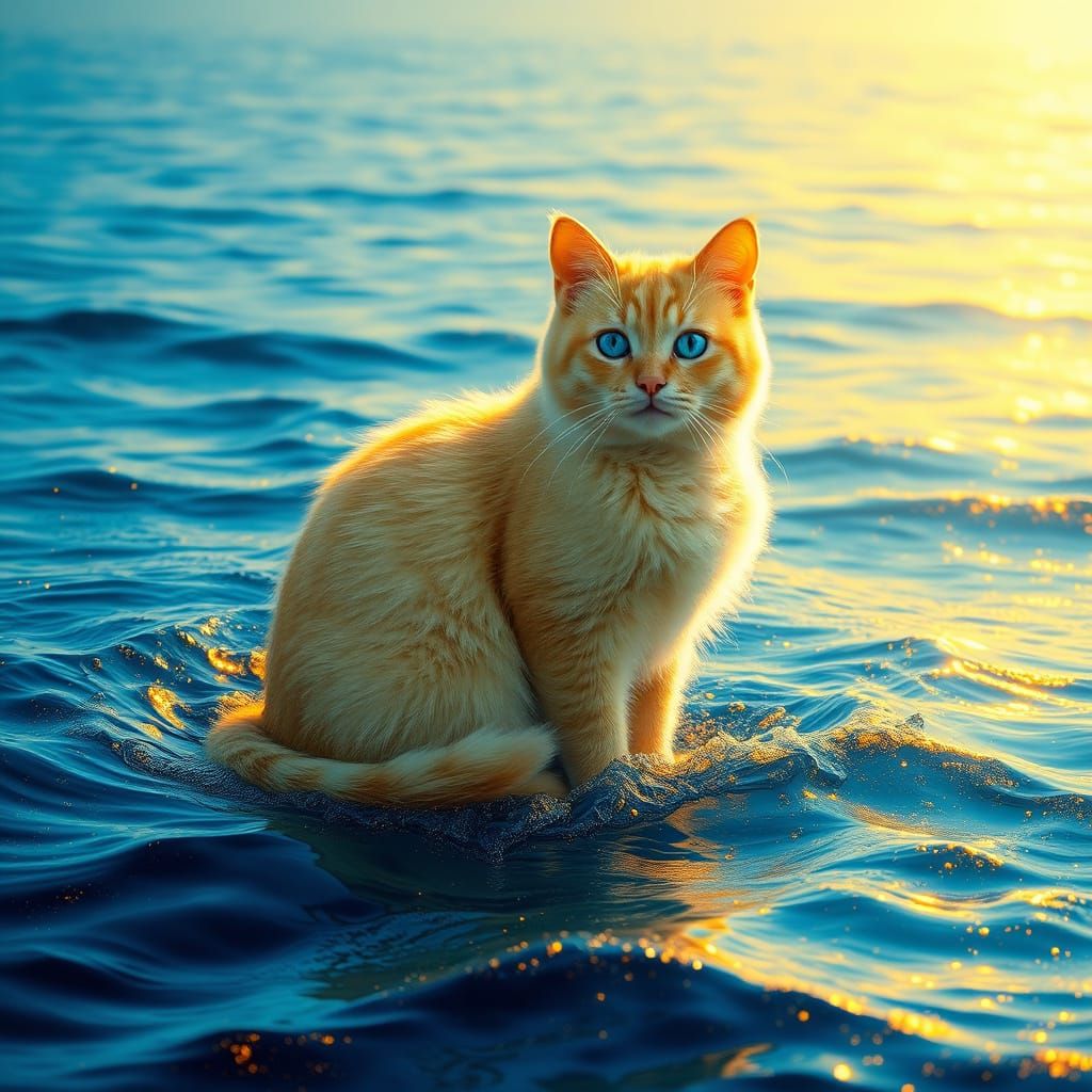 Surreal Feline Goddess Radiates Golden Light on Azure Ocean