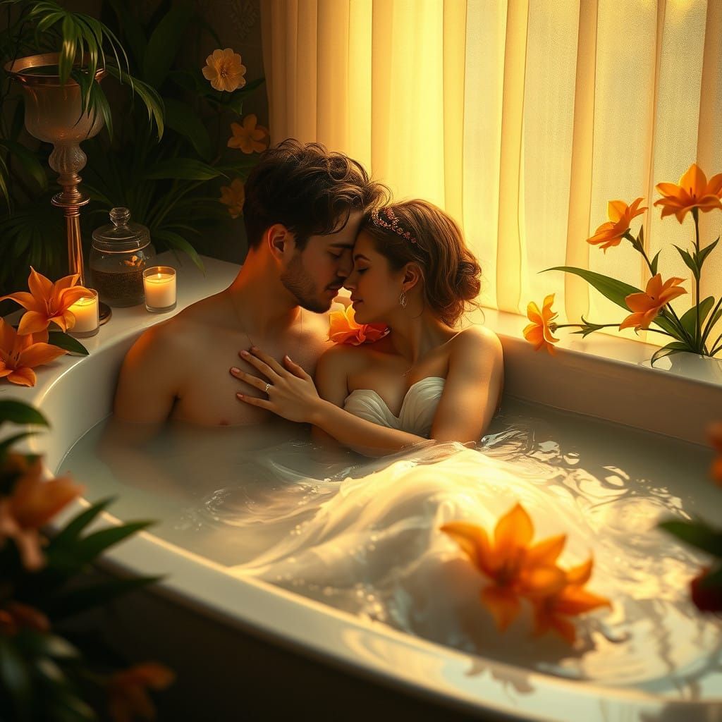 Ethereal Couple in Candlelit Bath Scene
