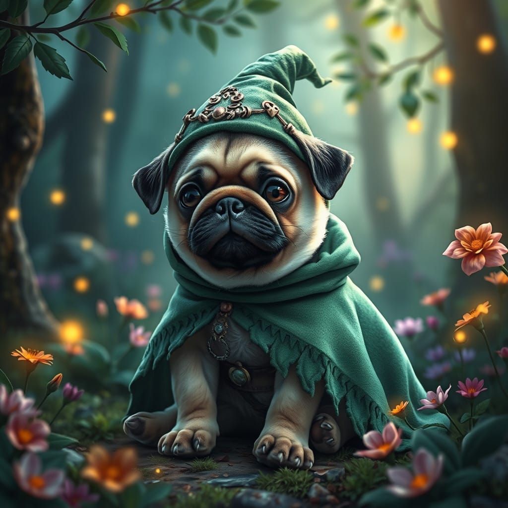 Mystical Elf Pug in Whimsical Forest