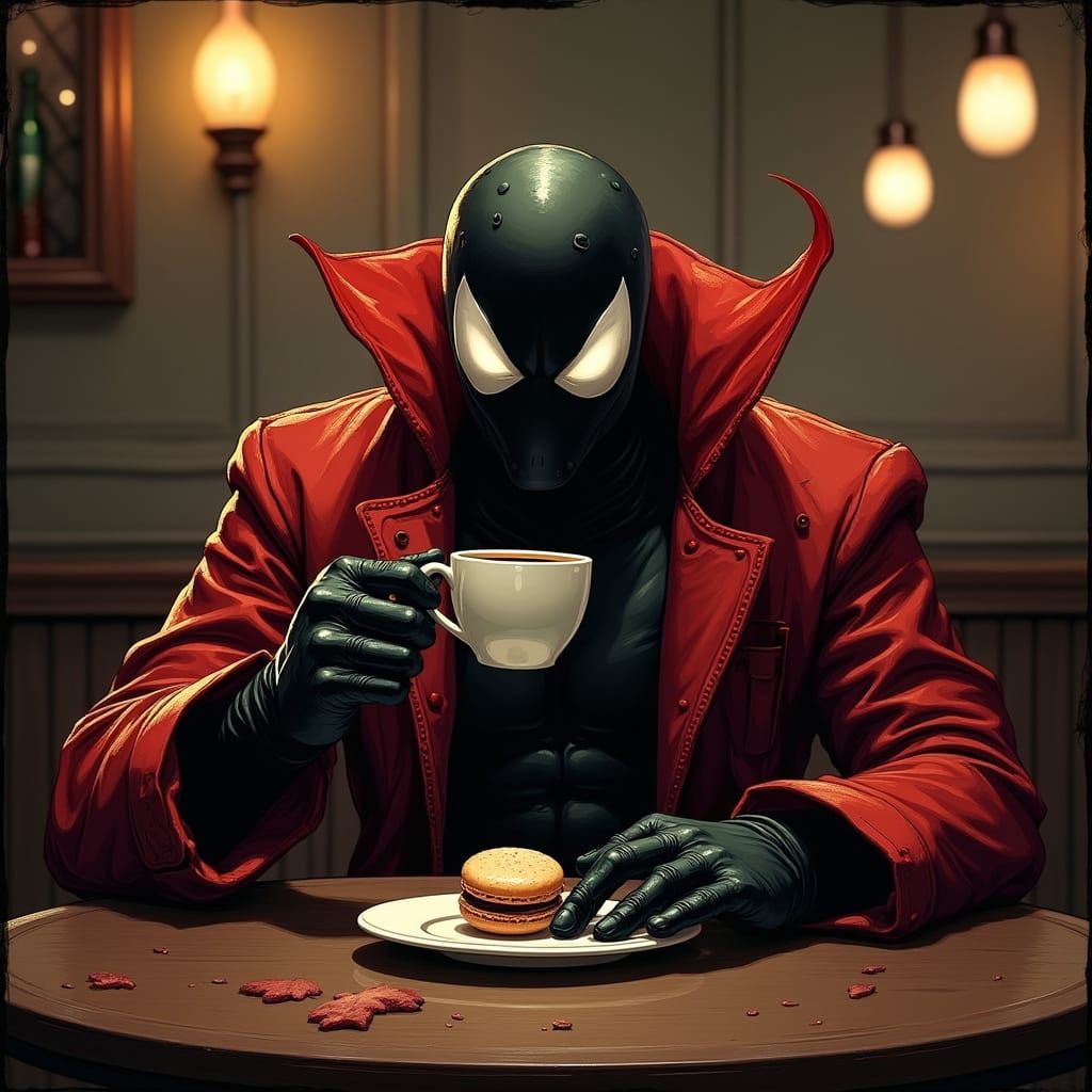 Spawn Sips Coffee in a Cozy Gothic Cafe