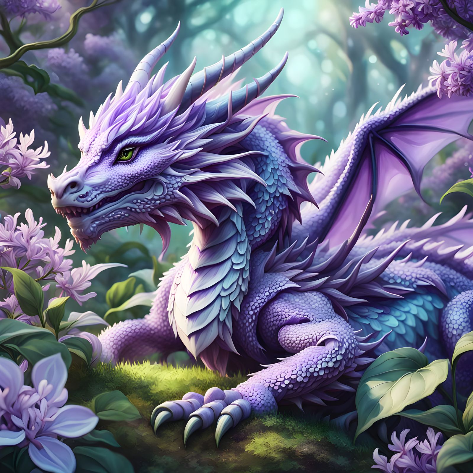 Lilac Flower Dragon in Vibrant Fantasy Art