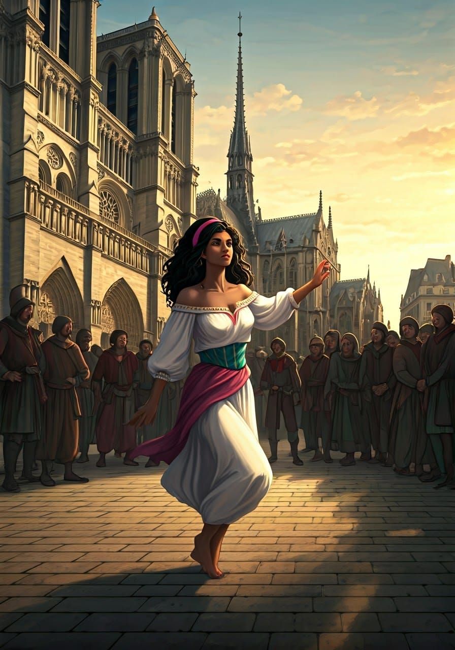 Middle Ages. 1482. Paris. The square in front of Notre Dame Cathedral. Among the crowd of people we see the dancing bare...