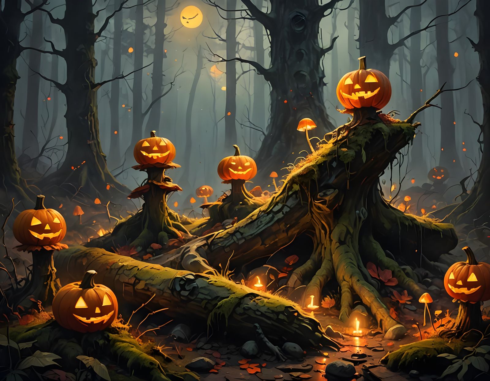 Surreal Pumpkins Shine in Midnight Forest