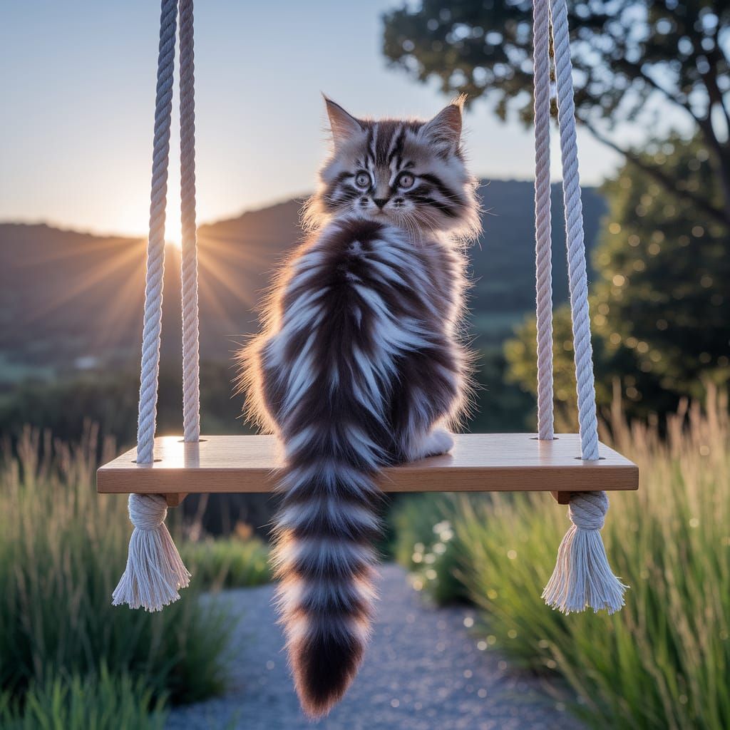 Whimsical Grey Kitten in Radiant Sunset