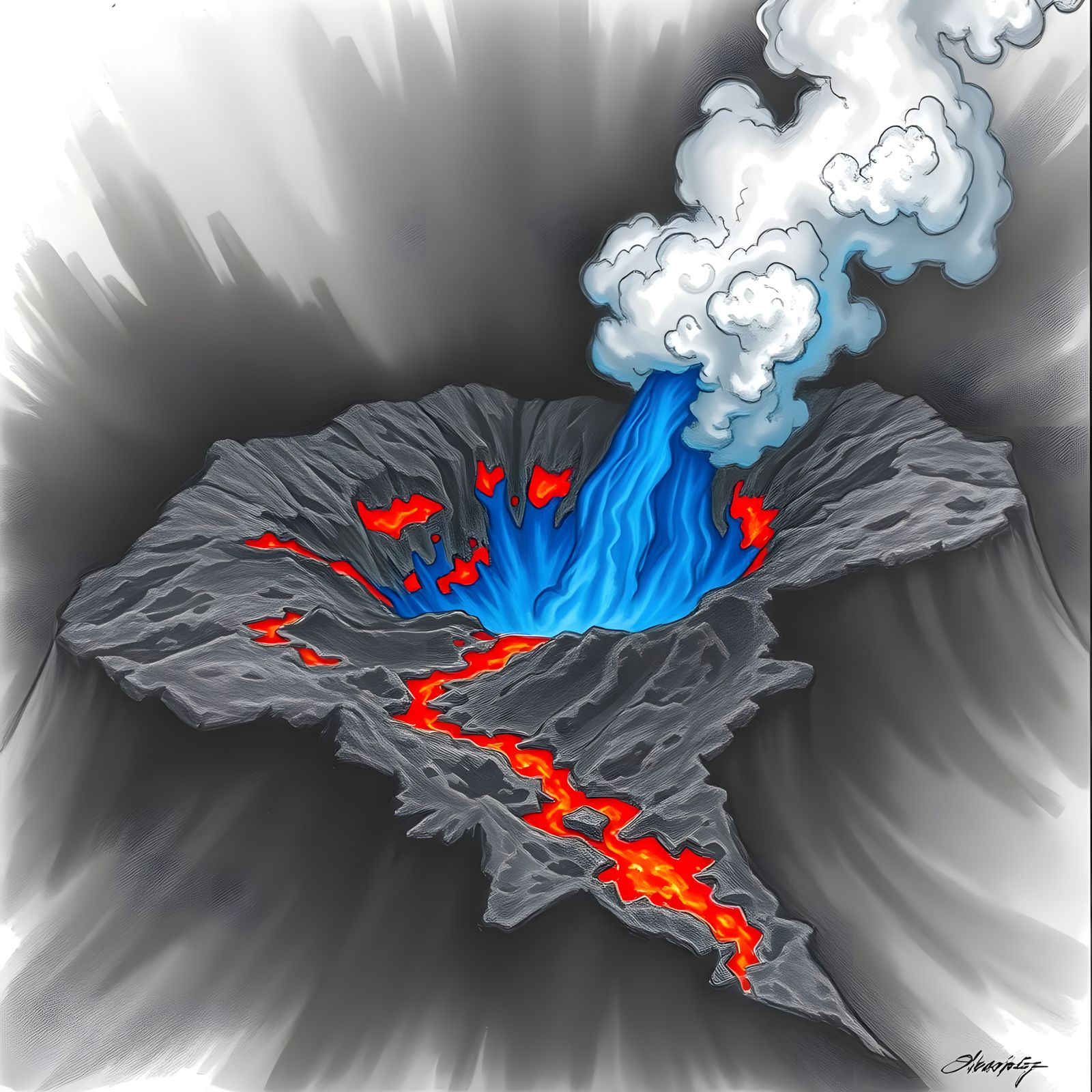 Volcano Lava in Vibrant Blue-Red Tones, Pencil Sketch Style
