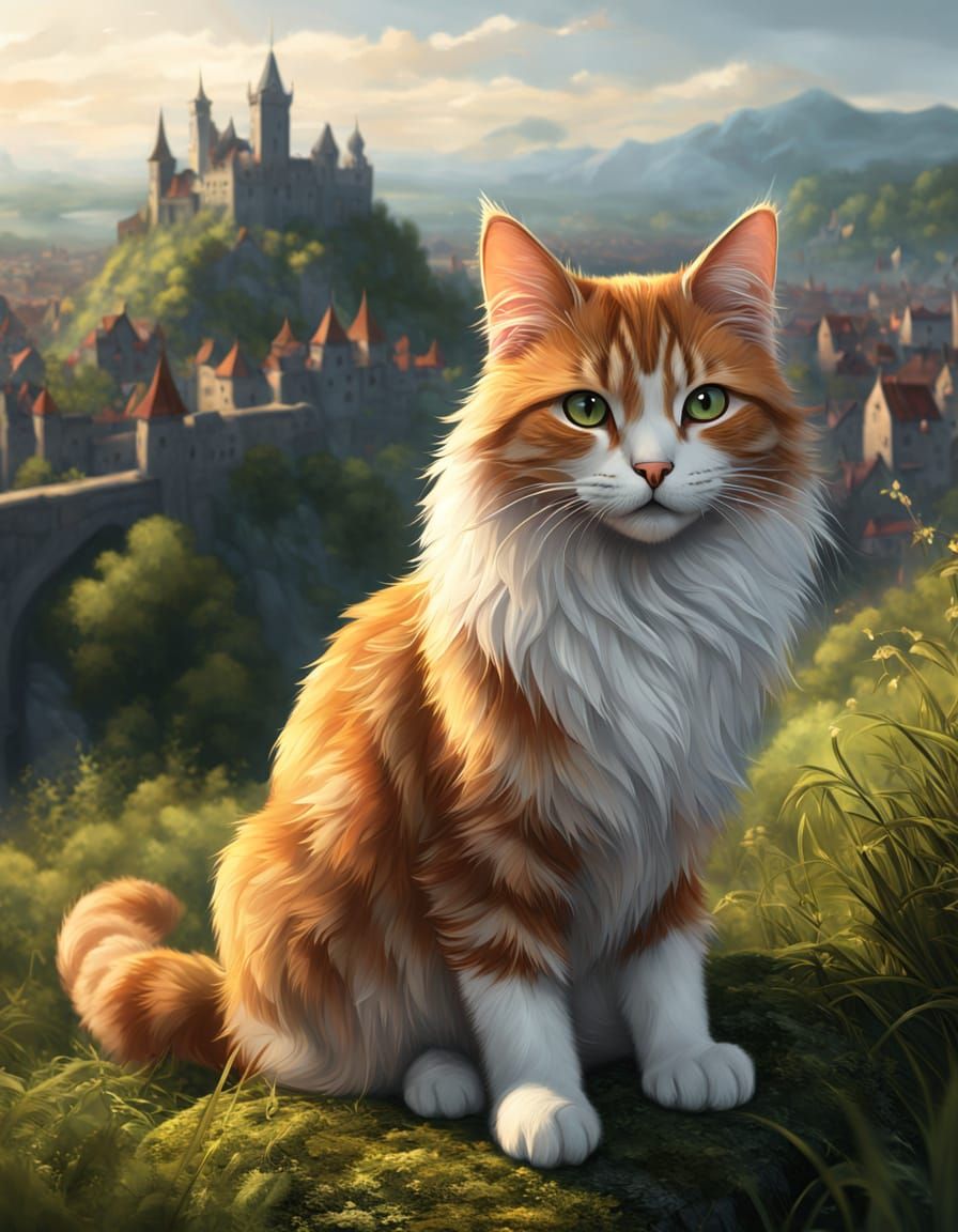 Anime Cat Adjusts Hair on Grassy Overlook