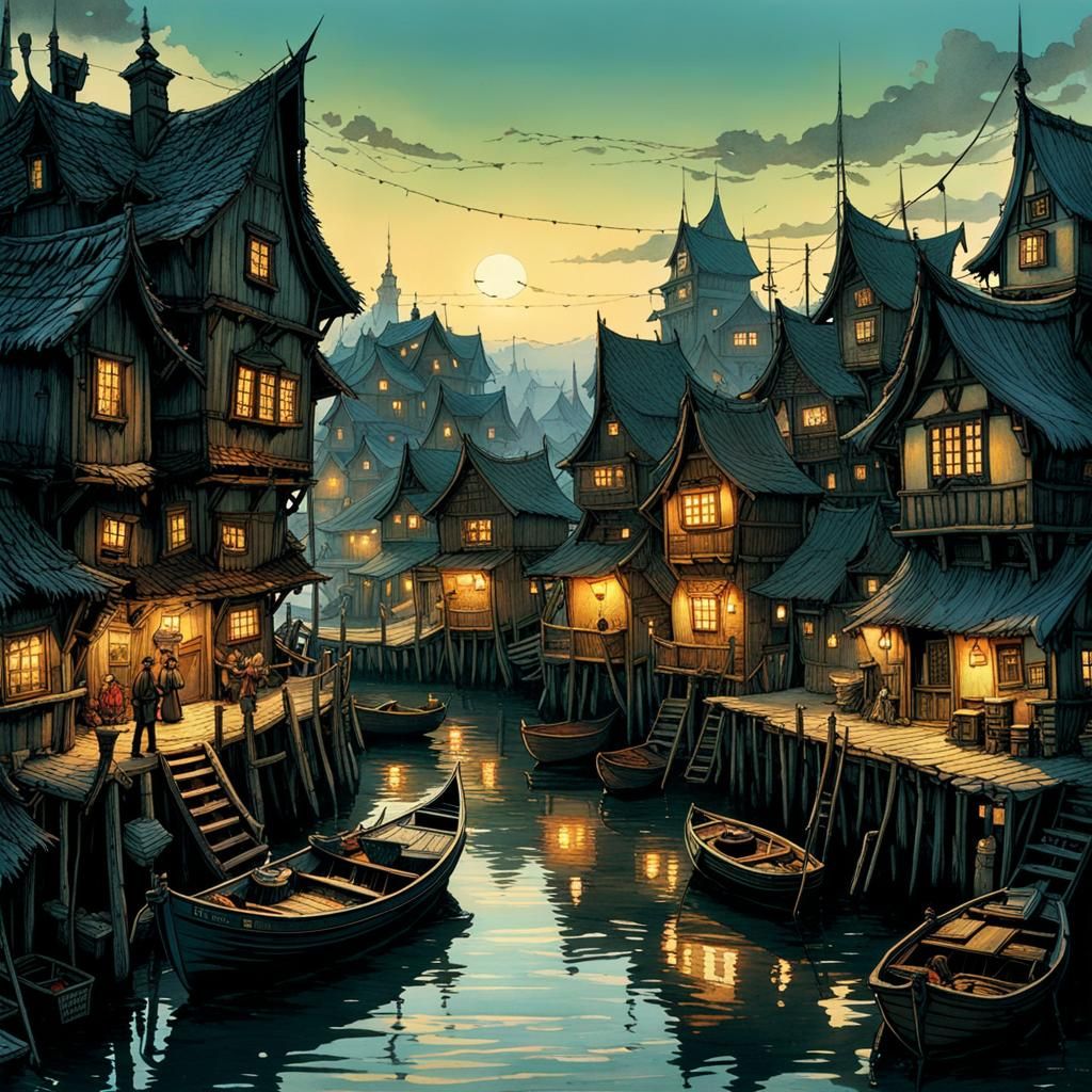 Whimsical Waterfront Village in Muted Evening Light