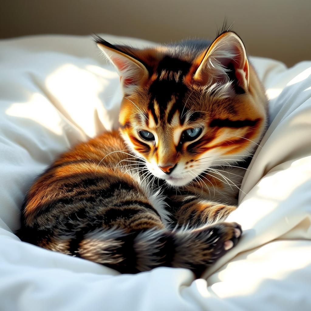 Whimsical Wildlife Tabby Cat on Plush Bed