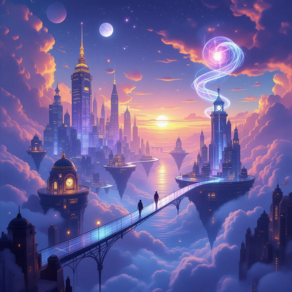 Surreal Cityscape on Floating Platforms Above Memory Ocean