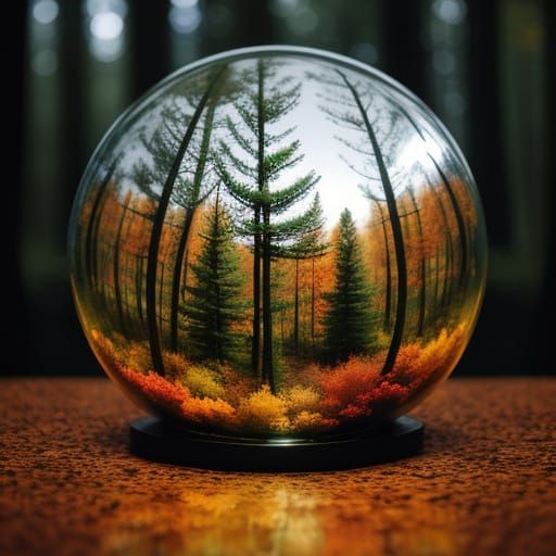 A large glass sphere containing a miniature view of an autum...
