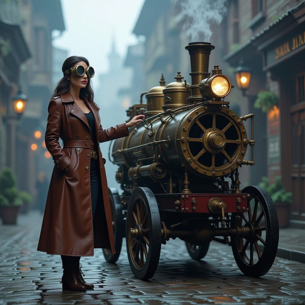 Steampunk Woman and Engine on Foggy Cobblestone Street
