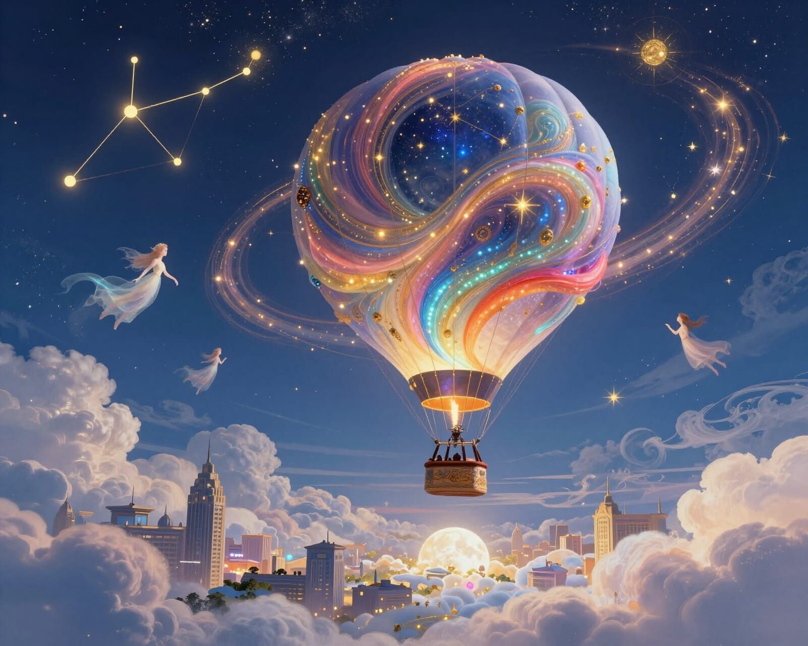 Ornate Hot Air Balloon Amidst Celestial Constellations and E...