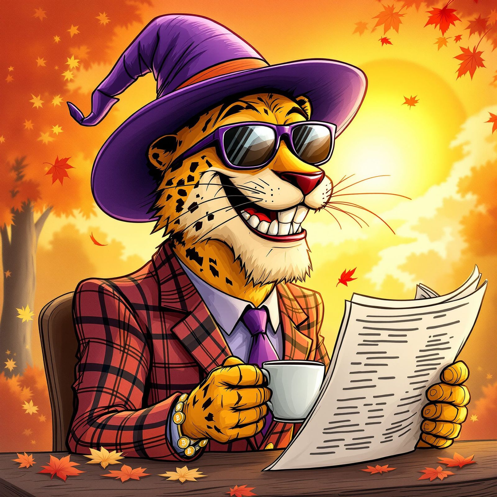 Anthropomorphic Leopard in Plaid Suit and Witch Hat