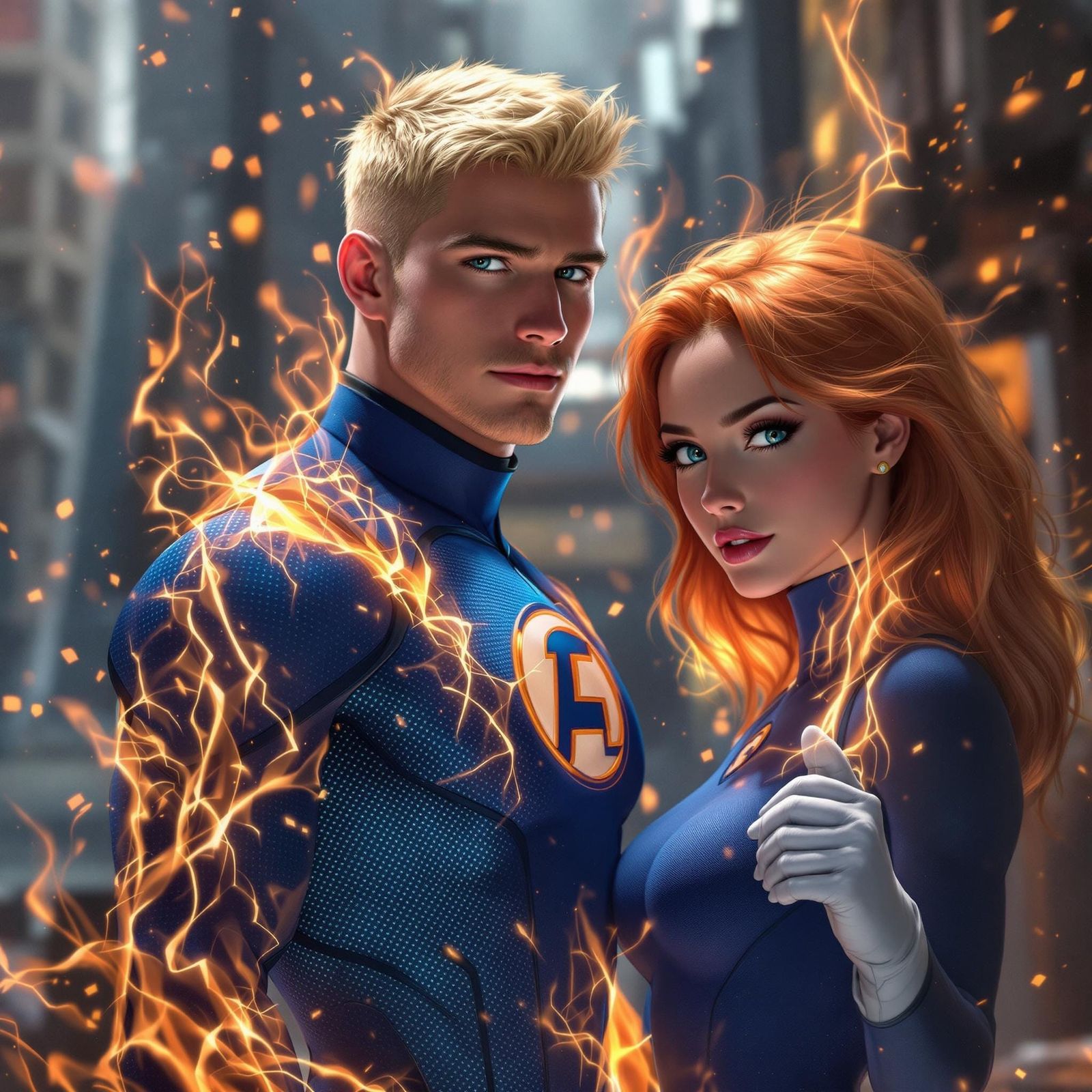 Human Torch and Companion in Hyperrealistic 3D Anime Style