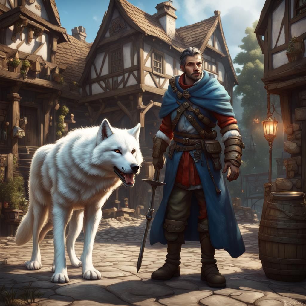 Guard and Loyal White Wolf Welcome You to Enchanted DnD Town