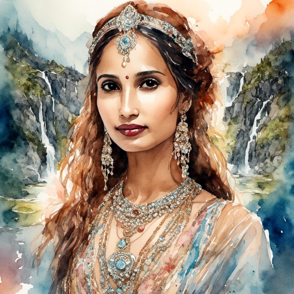Majestic Watercolor Princess in Enchanted Persian Landscape