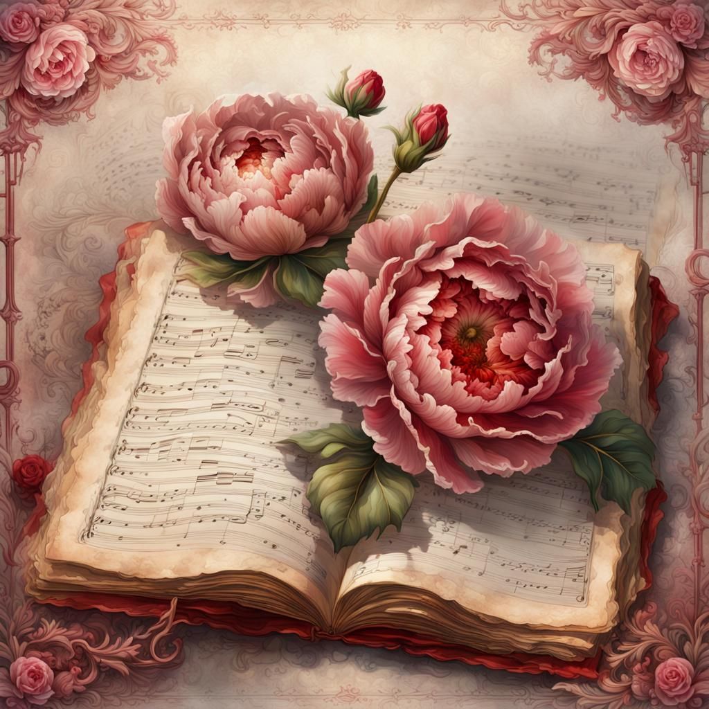 Vintage Aquarelle Art with Rococo Frame and Red and Pink Piv...