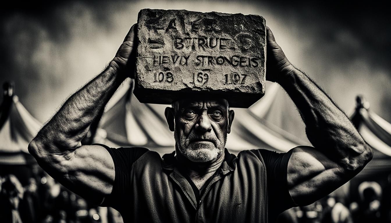 Vintage Circus Strongman Defies Gravity with Engraved Stone