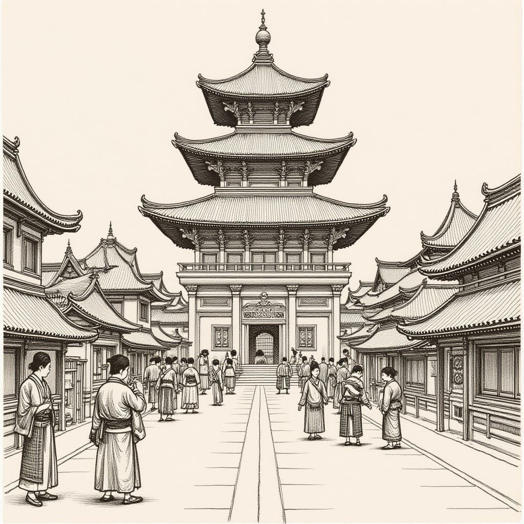 East Asian Street Scene in Ink Wash Style