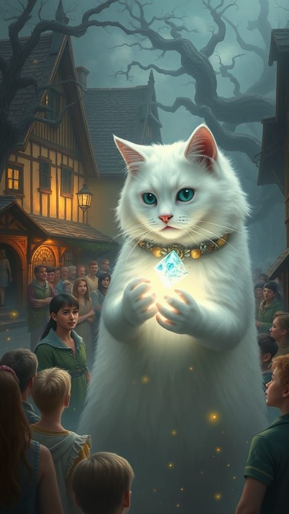 Whimsical Village Scene with Majestic White Cat and Glowing...