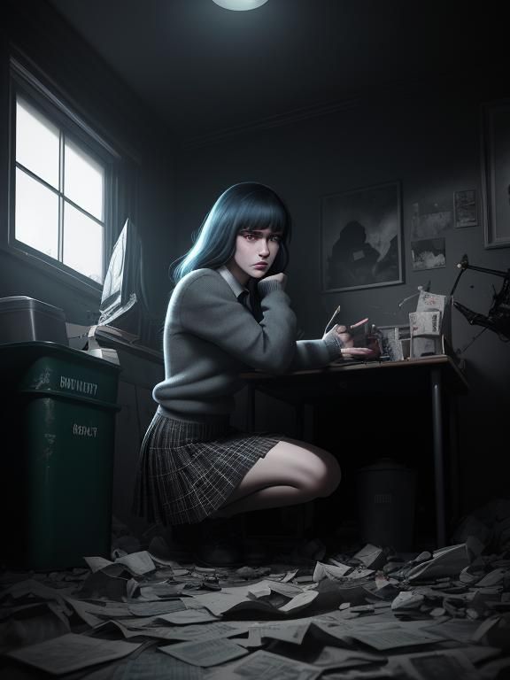 Mysterious Girl Investigates Dark Academia Scene in Photorea...