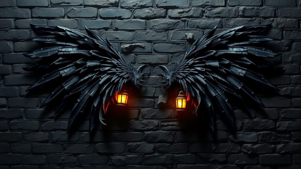 Monstrous Black Angel Erupts from Weathered Brick Wall in Hy...