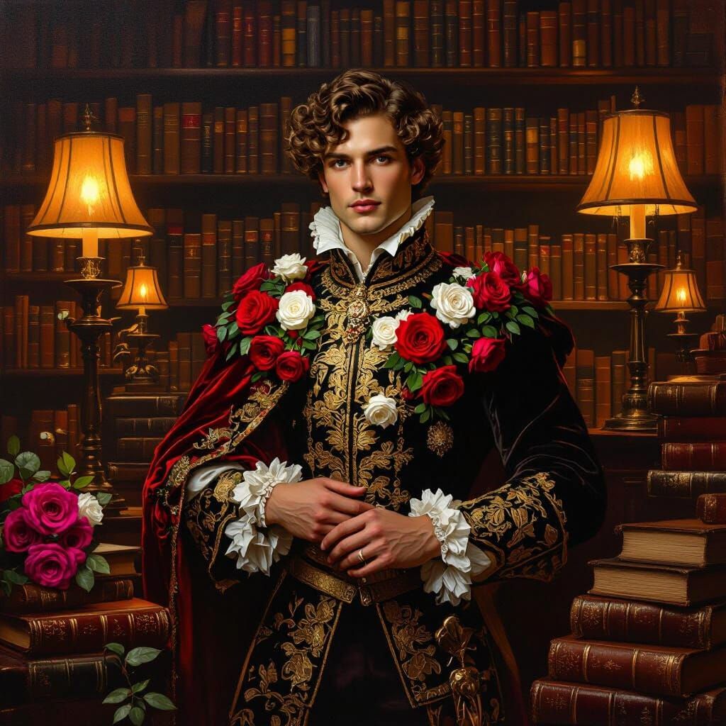 Regal Prince Amidst Books in Romantic Oil Painting Style