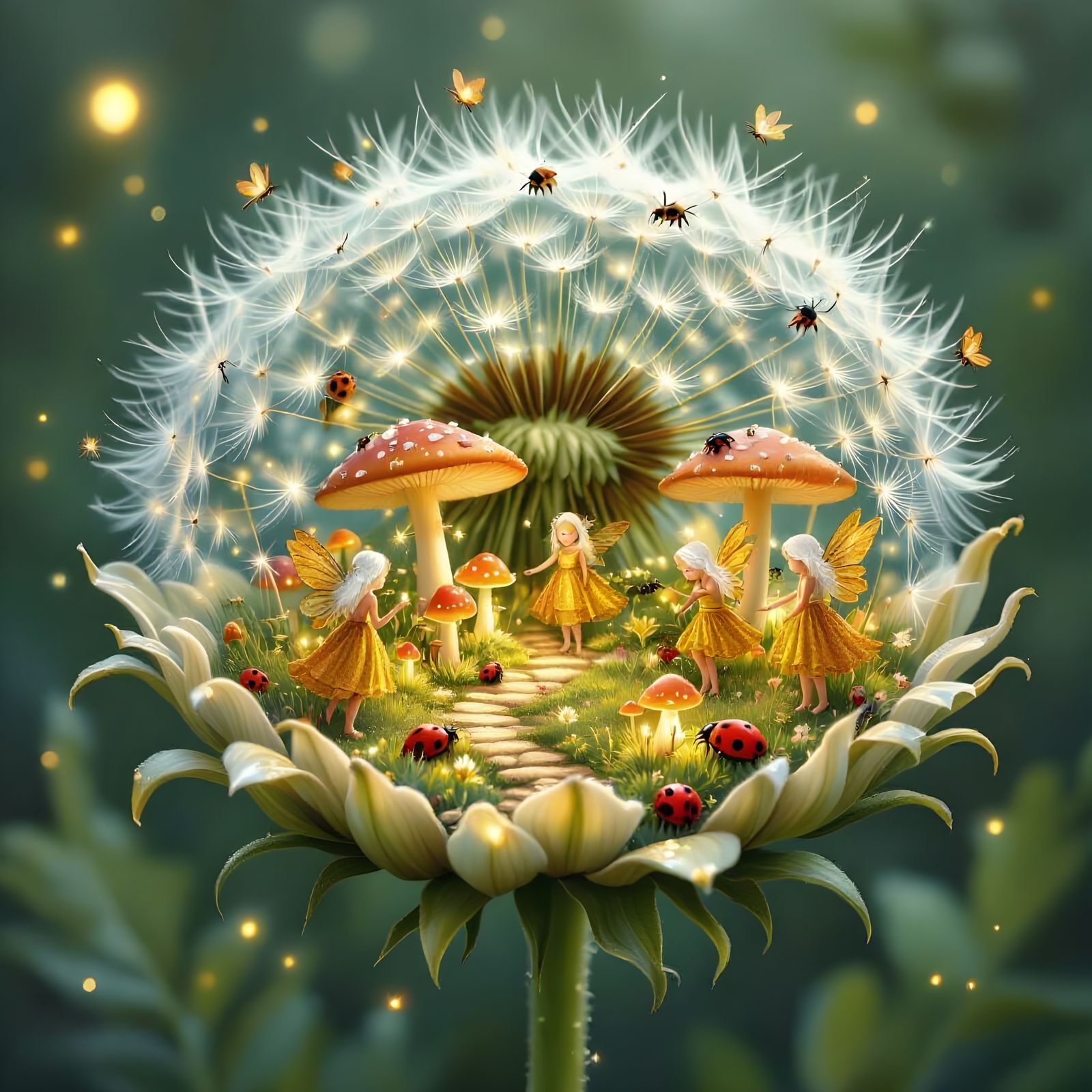 Enchanted Fairy Village in a Dandelion, Children's Illustrat...