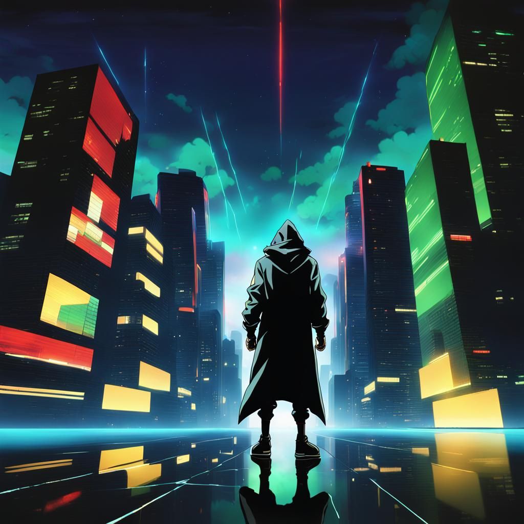 Heroic Hooded Figure Dominates Dystopian Cityscape in Vibran...
