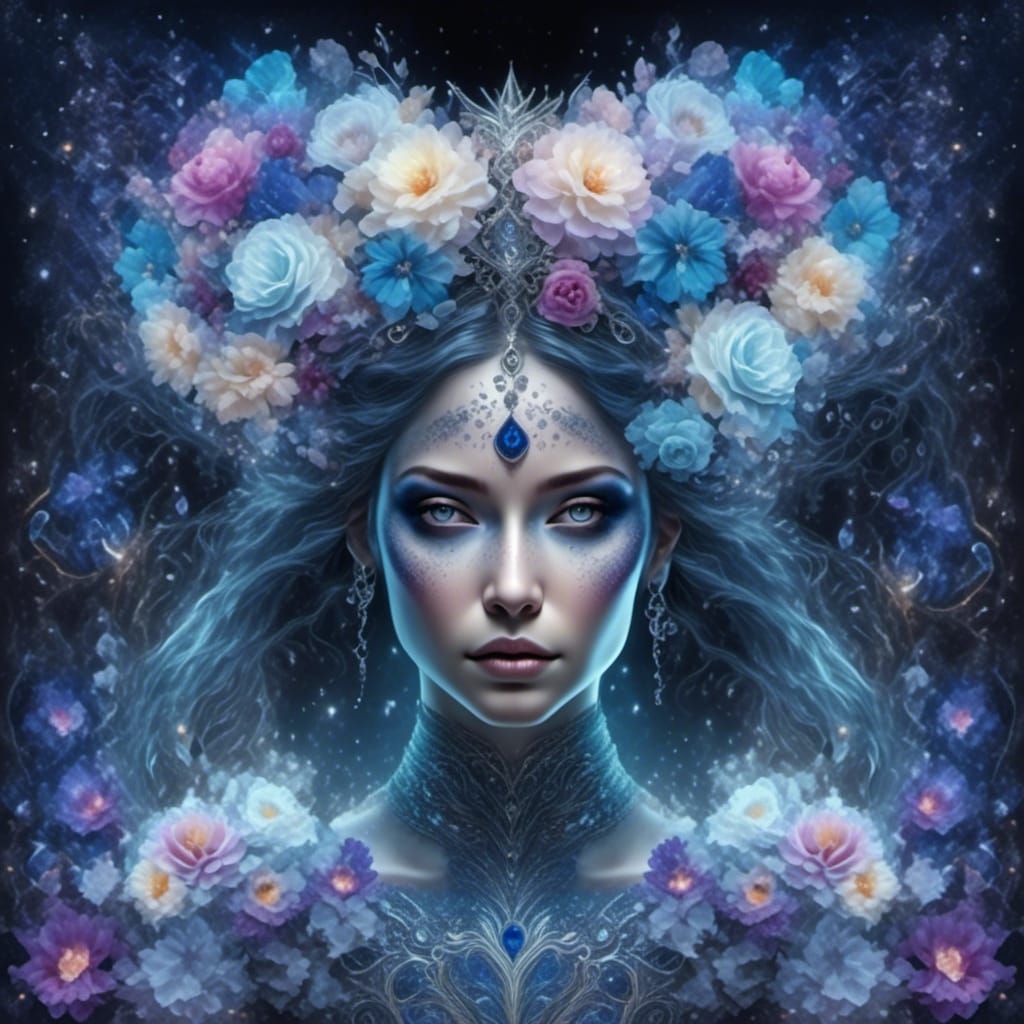 Surreal Pop Art Portrait with Whimsical Floral Headdress