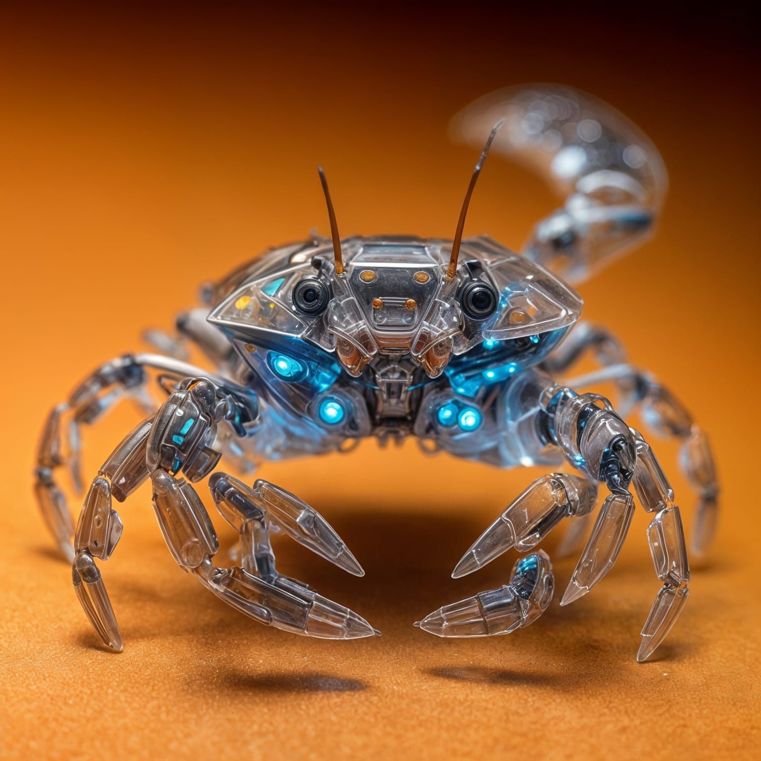 Translucent Cybernetic Crab with Glowing Circuits
