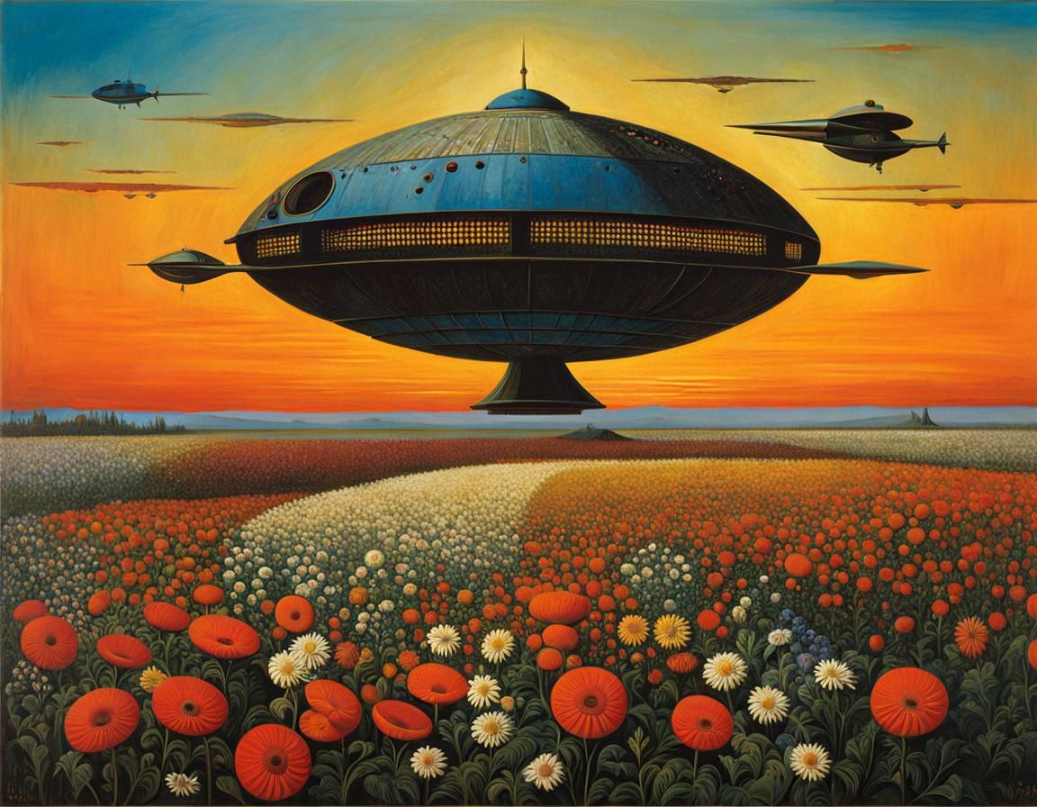 Surrealistic Spaceship Blooms in Vibrant Floral Landscape