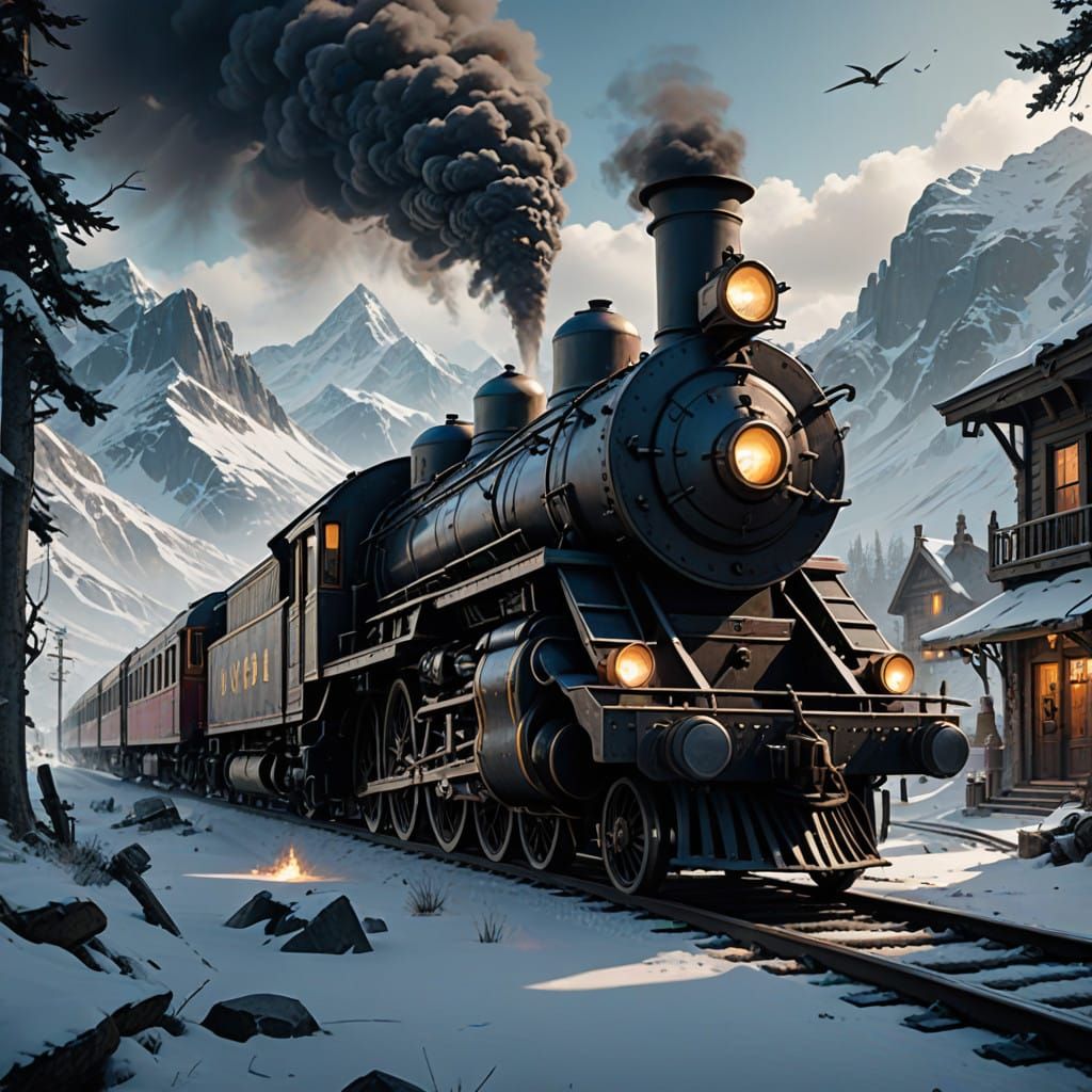 Majestic Frostpunk Train in Distressed Matte Painting Style