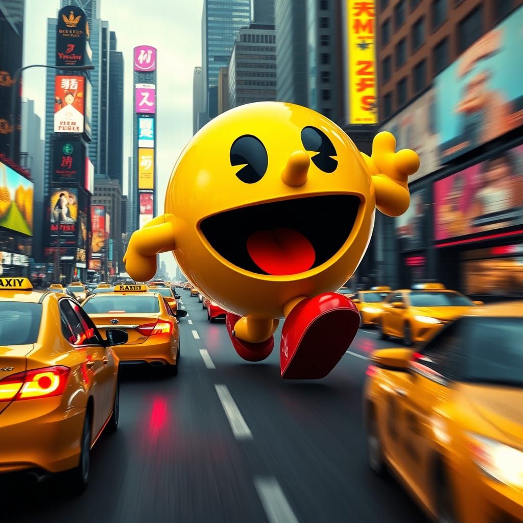 Gigantic Pac Man Devours Taxis in Neon-Lit New York City