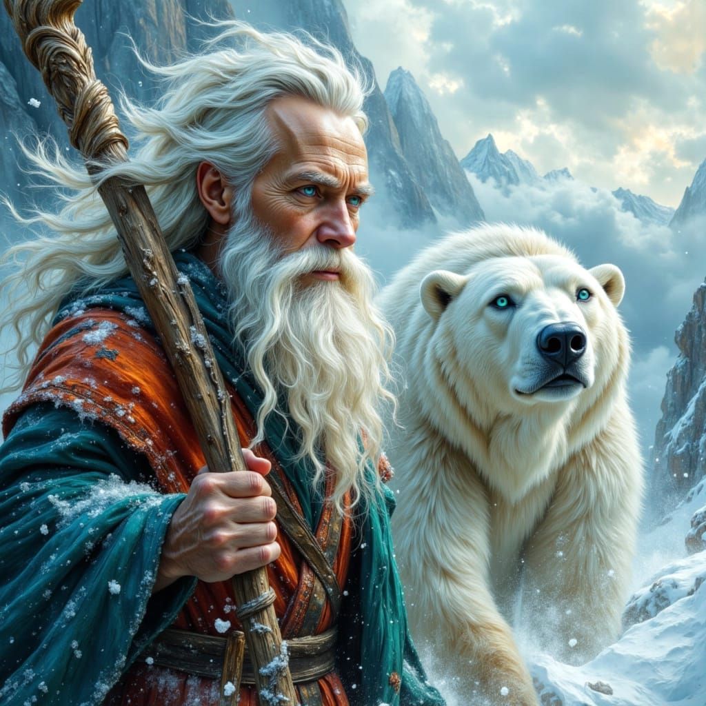 Wizard and Polar Bear in Snowstorm as Impasto Painting