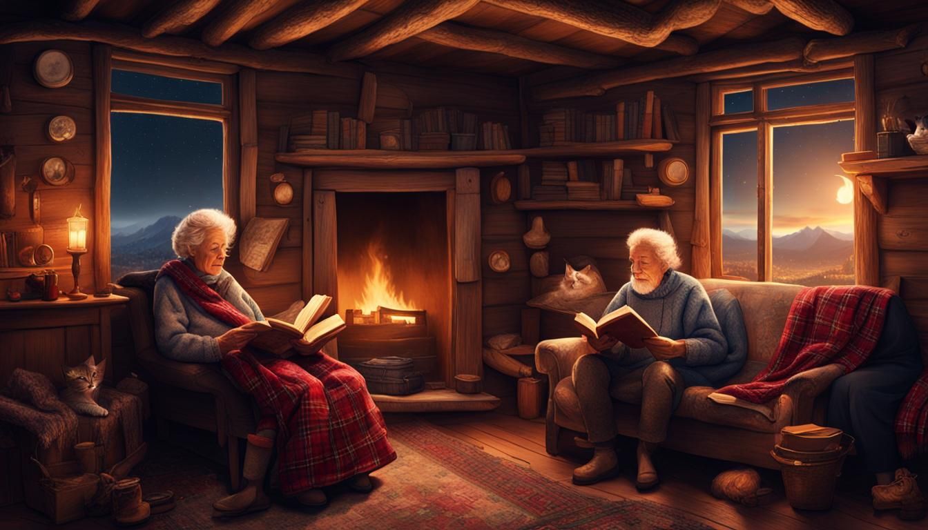 Elderly Couple Reads Together in Cozy Wooden Cottage