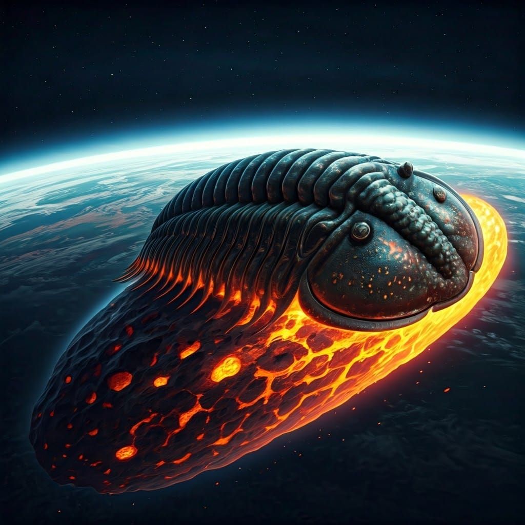 Ancient Trilobite Rides Meteorite Through Starry Night Sky