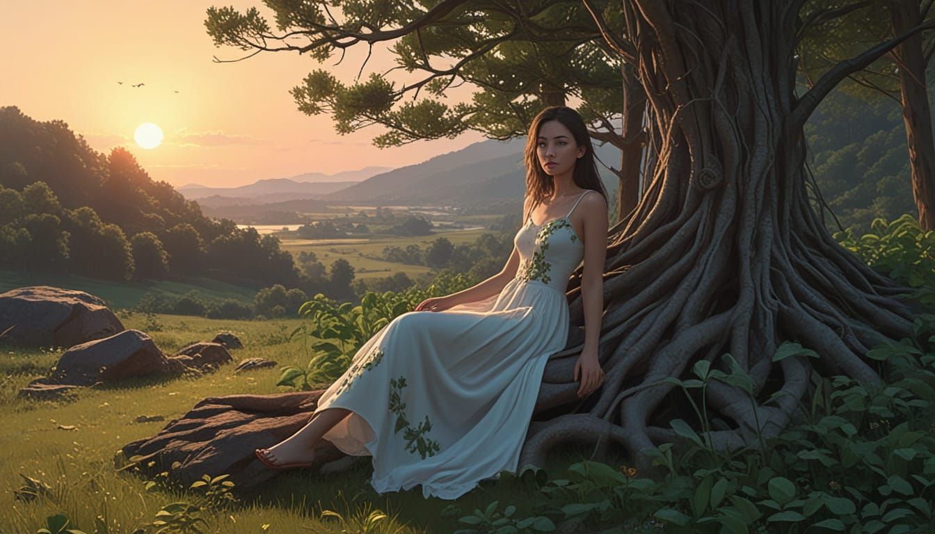 Dreamlike Landscape Maiden in Embroidered Gown