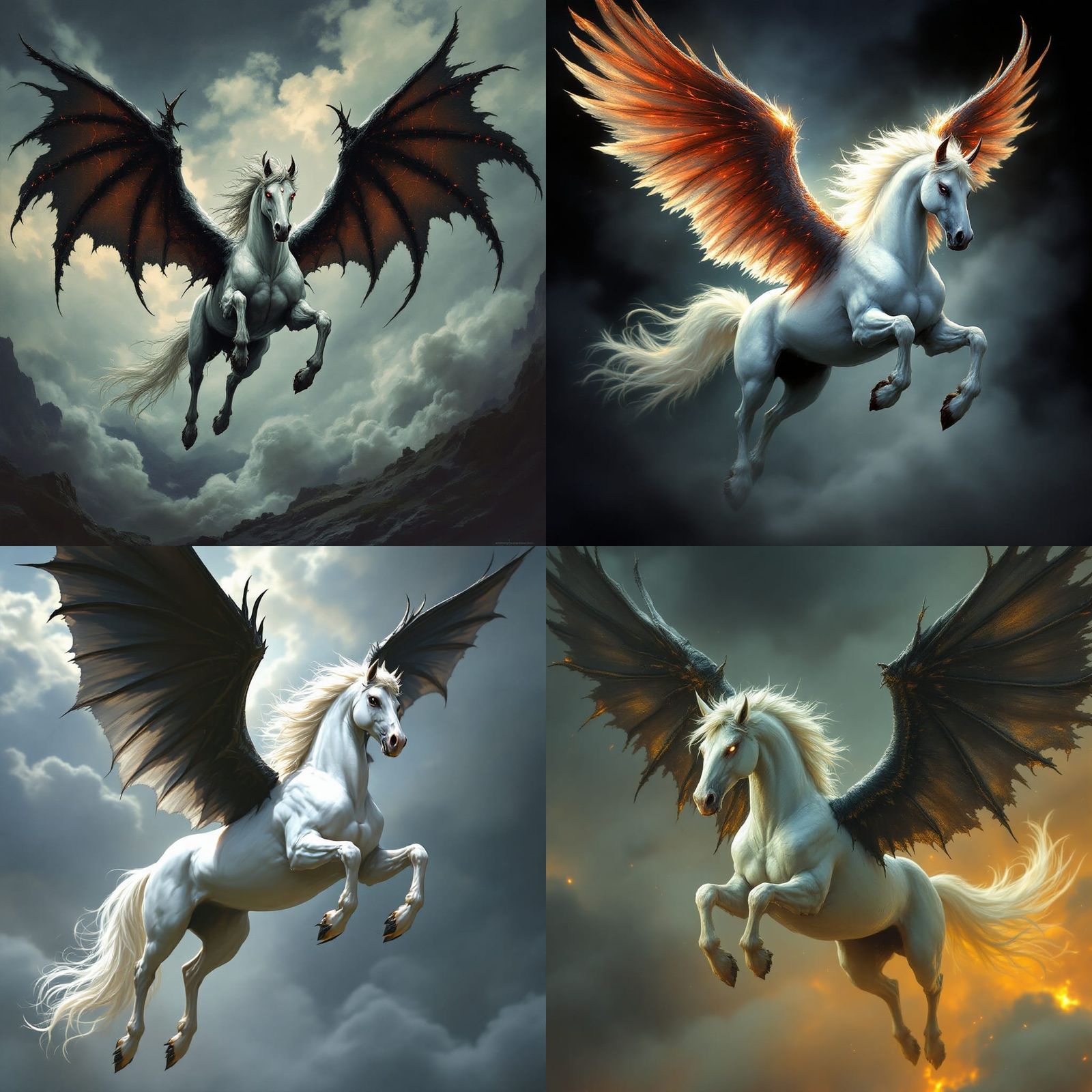 Mythical Pegasus with Infernal Wings in Mid-Flight