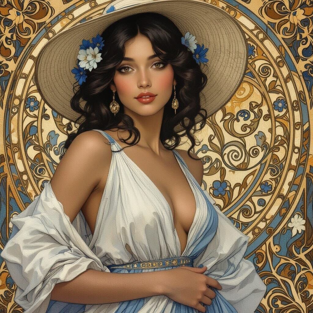 Elegant Woman in Art Nouveau Style with Floral Hat